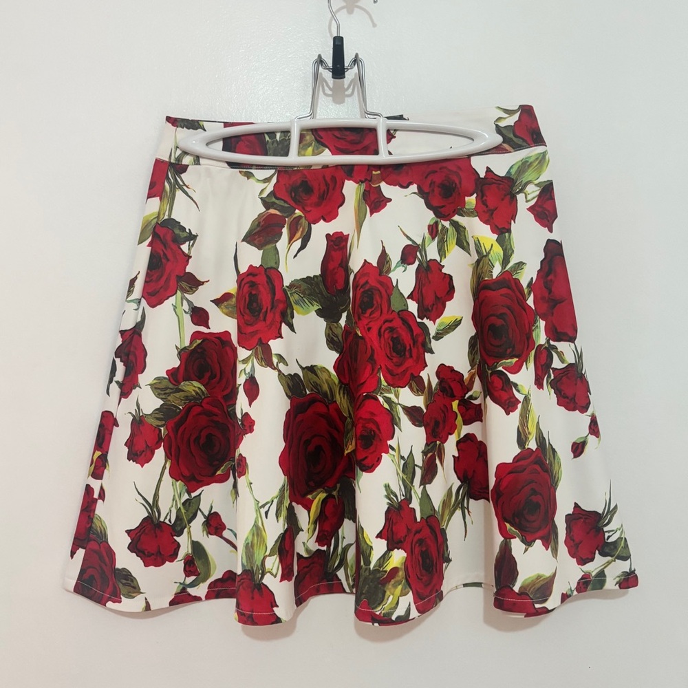 Floral Red Rose Print A-Line Skirt - White Background - Picture 2 of 7